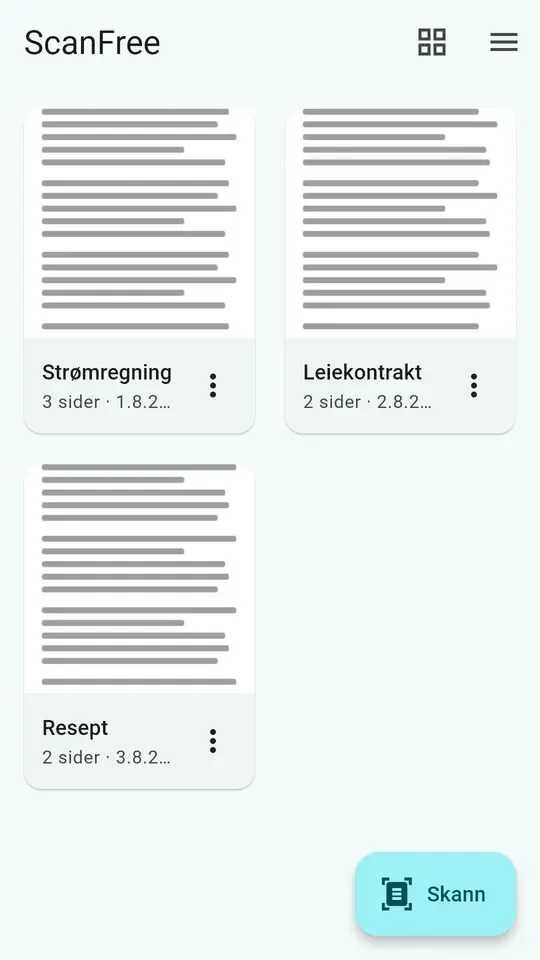 ScanFrees dokumentbibliotek, med miniatyrer og dokumenter som kan omdøpes