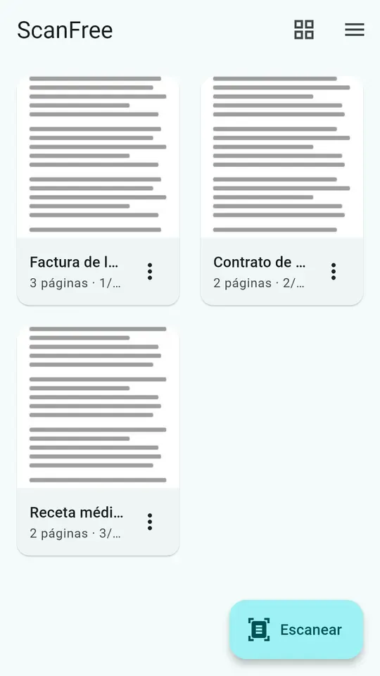 Biblioteca de documentos de ScanFree, con miniaturas y documentos que se pueden renombrar