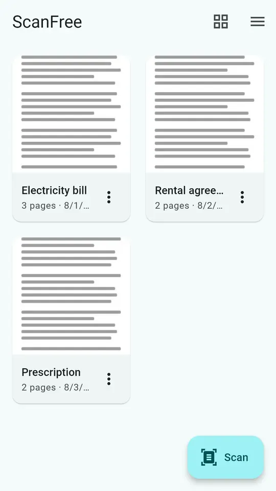 ScanFree's document library, with thumbnails and renamable documents