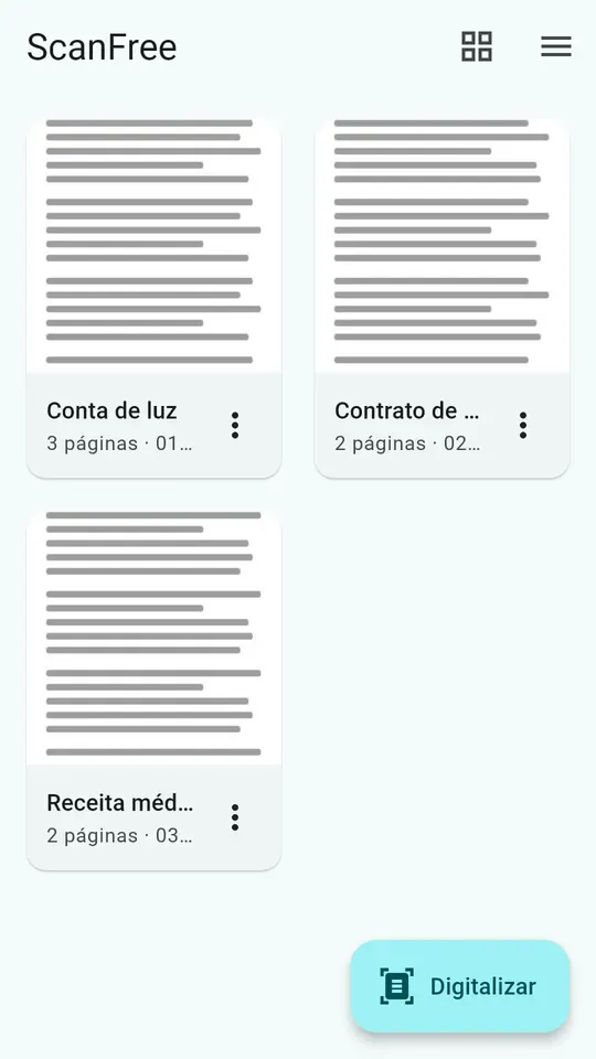 Biblioteca de documentos da ScanFree, com miniaturas e documentos que podem ser renomeados