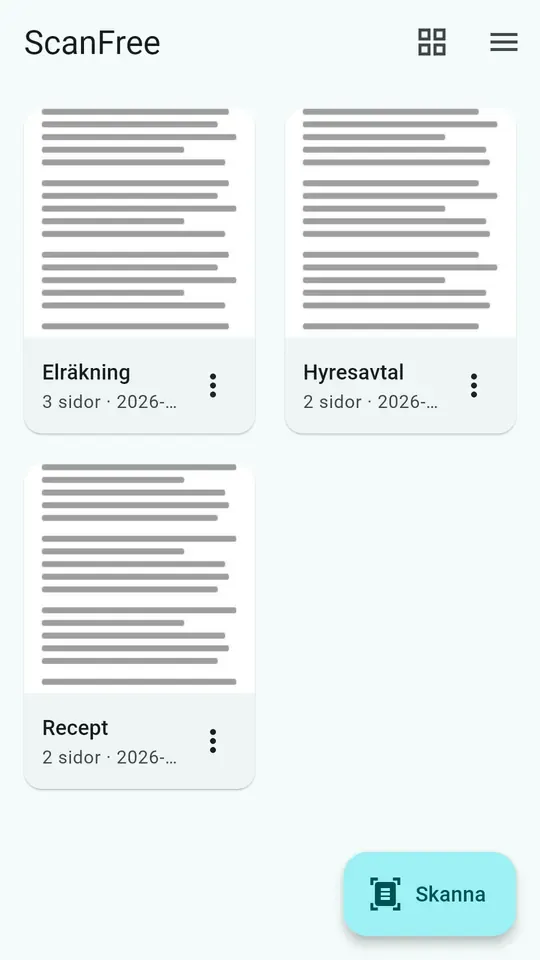 ScanFrees dokumentbibliotek, med miniatyrer och dokument som kan namnges om