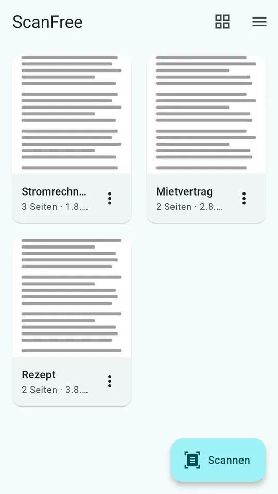 ScanFree-Dokumentenbibliothek mit Vorschaubildern und umbenennbaren Dokumenten