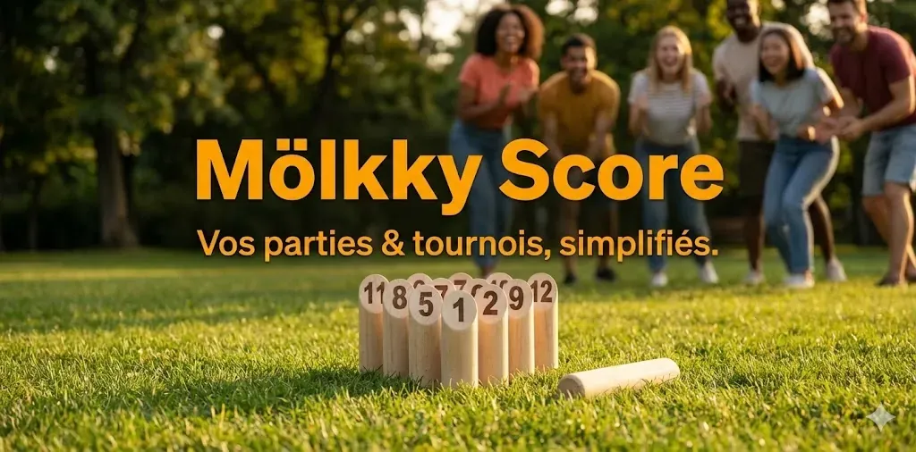 Mölkky Score — une partie de Mölkky sur pelouse, les 12 quilles numérotées alignées devant le lanceur