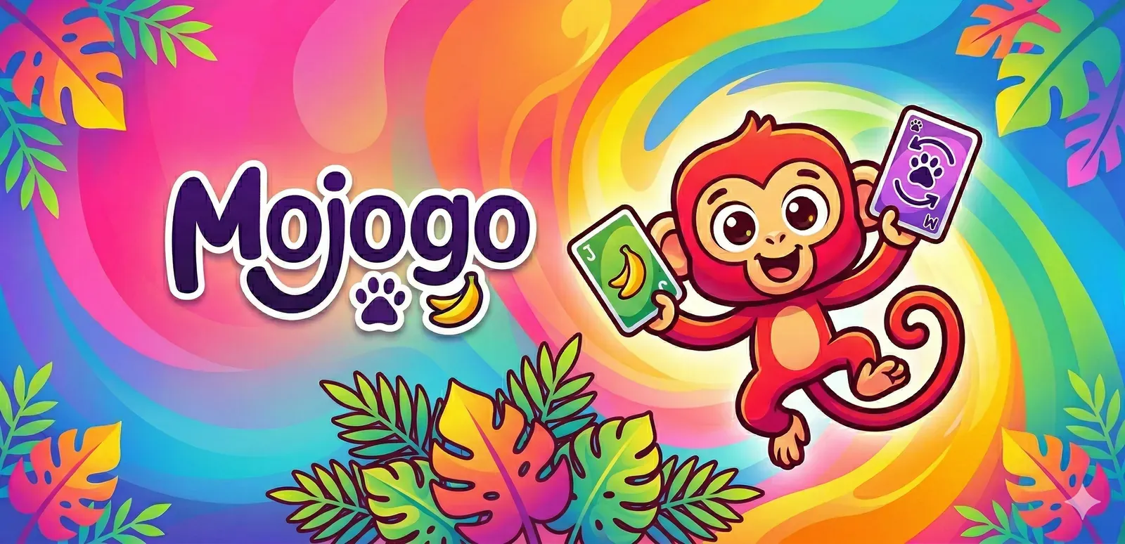 Mojogo — illustration du jeu de cartes, un singe brandissant deux cartes dans un décor de jungle