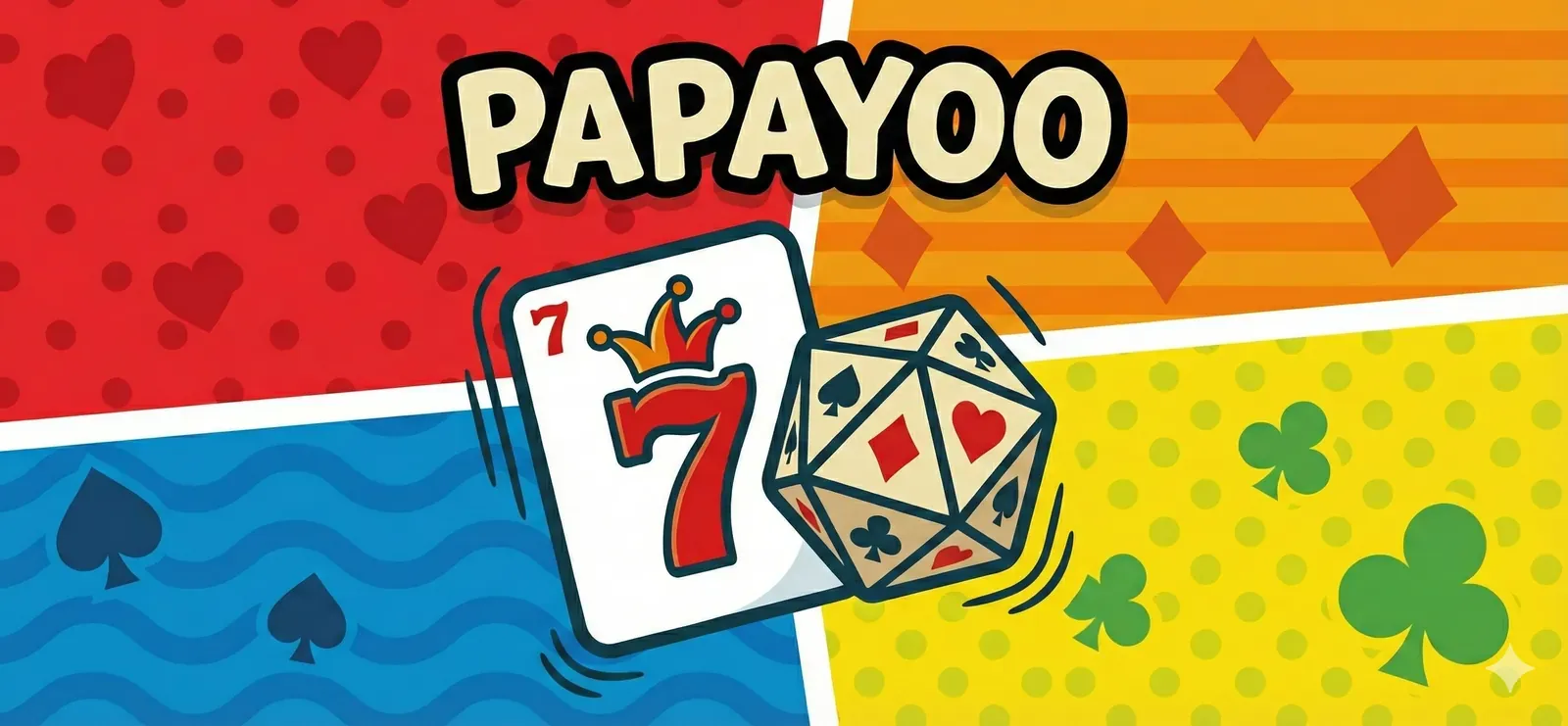 Papayoo — illustration du jeu de cartes avec le 7 couronné et le dé des couleurs
