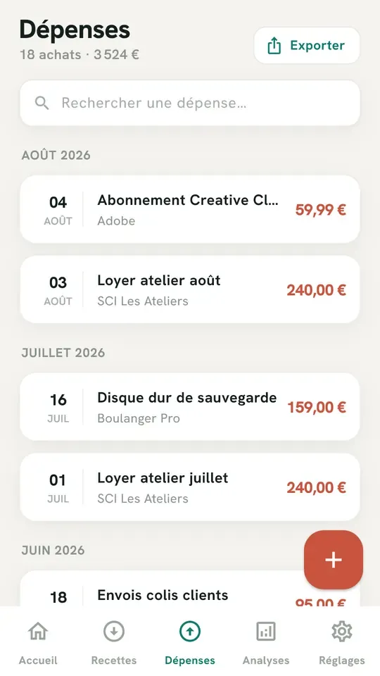 Registre des achats d'EasyCompta avec fournisseurs et catégories de dépenses