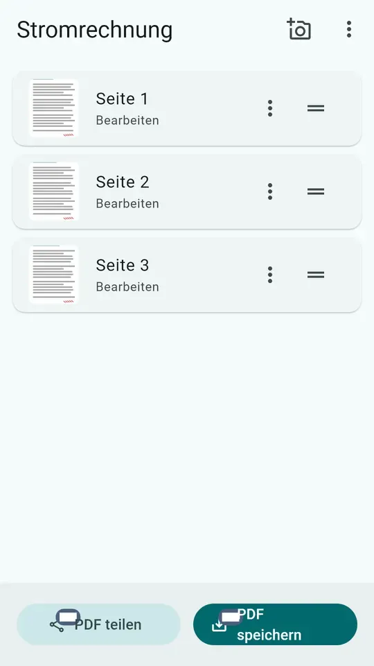 Ein gescanntes Dokument in ScanFree, seine neu anordenbaren Seiten und die Schaltflächen zum Teilen und Speichern als PDF
