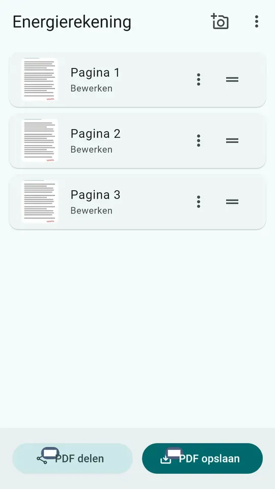 Een gescand document in ScanFree, de herschikbare pagina's en de knoppen om te delen en op te slaan als PDF