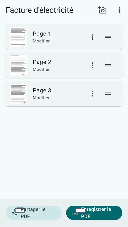 Un document scanné dans ScanFree, ses pages réordonnables et les boutons de partage et d'enregistrement en PDF
