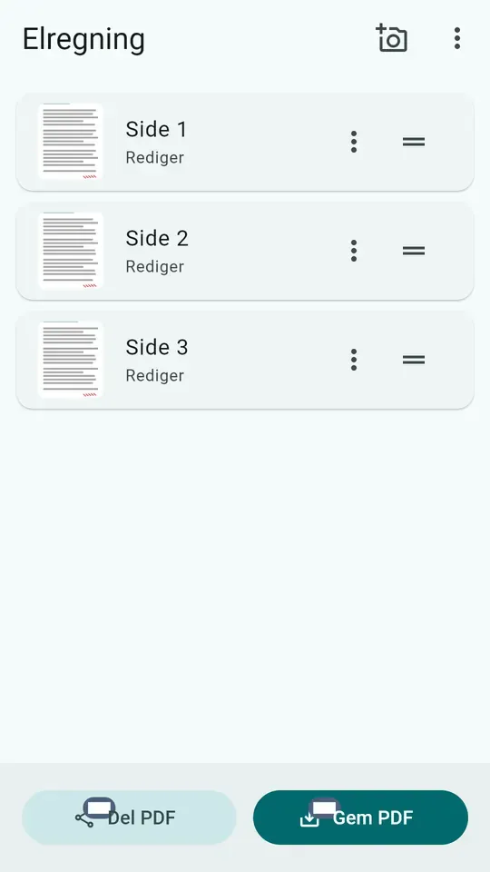 Et scannet dokument i ScanFree, dets ombytbare sider samt knapperne til at dele og gemme som PDF
