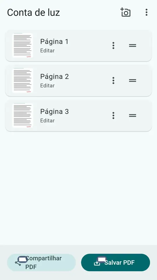 Um documento digitalizado na ScanFree, as suas páginas reordenáveis e os botões para partilhar e guardar em PDF