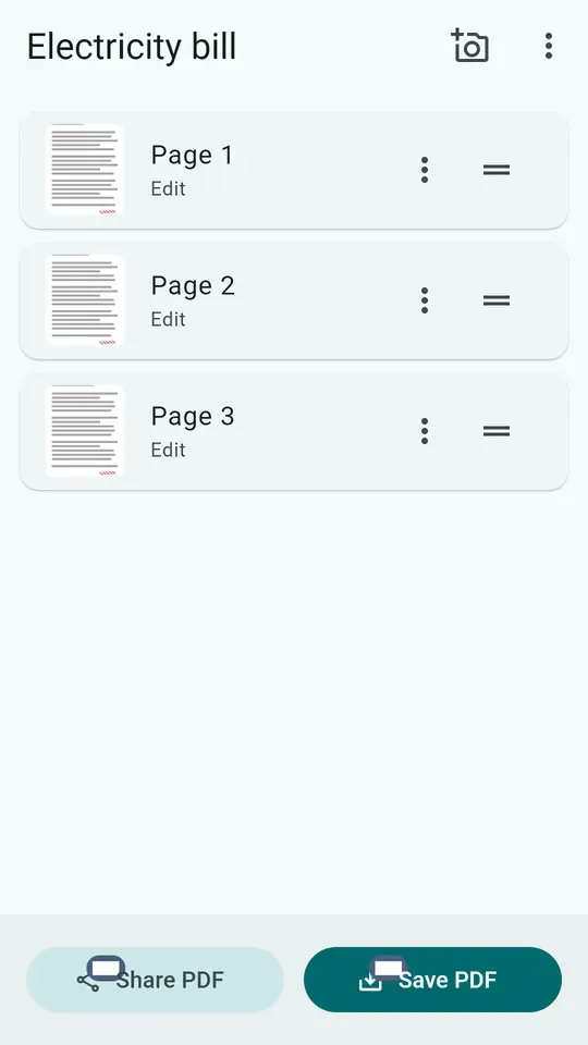 A scanned document in ScanFree, its reorderable pages and the share and save-as-PDF buttons