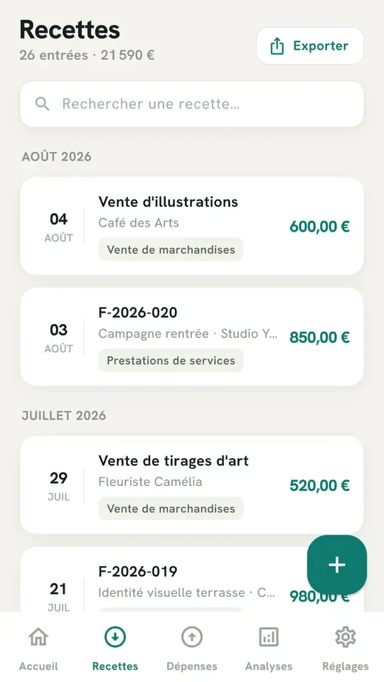 Livre des recettes d'EasyCompta, écritures groupées par mois avec client, nature et mode de règlement