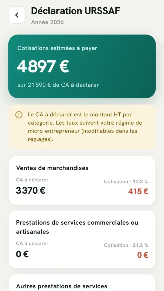 Écran de déclaration URSSAF d'EasyCompta avec les cotisations estimées par type d'activité